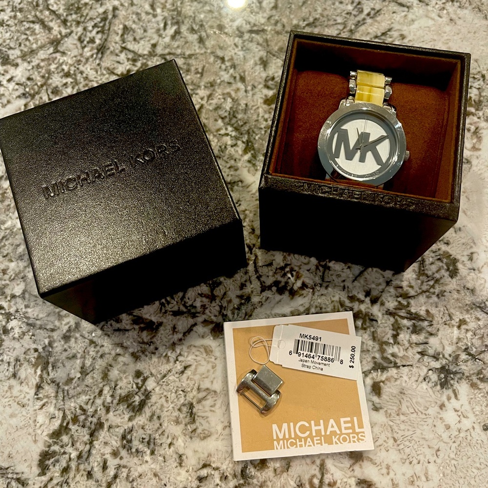Michael Kors horn alabaster + silver tone midsized logo watch